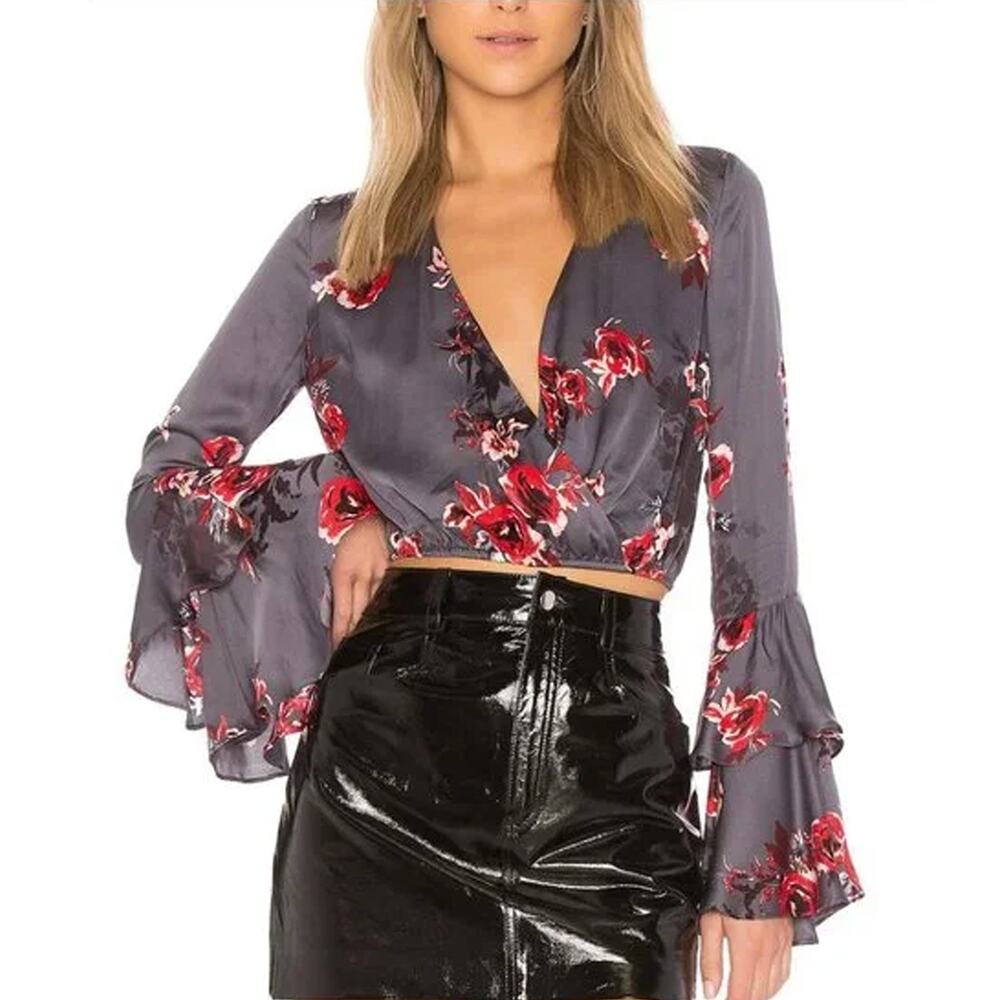 Lovers + Friends Candela Gray Floral Ruffle Sleeve Crop Top Size XXS